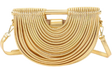 A gold-toned crescent-shaped clutch handbag with a textured, layered chain-like design and a thin shoulder strap.