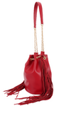A red leather bucket bag with a long fringe detail and a gold-tone chain shoulder strap, 