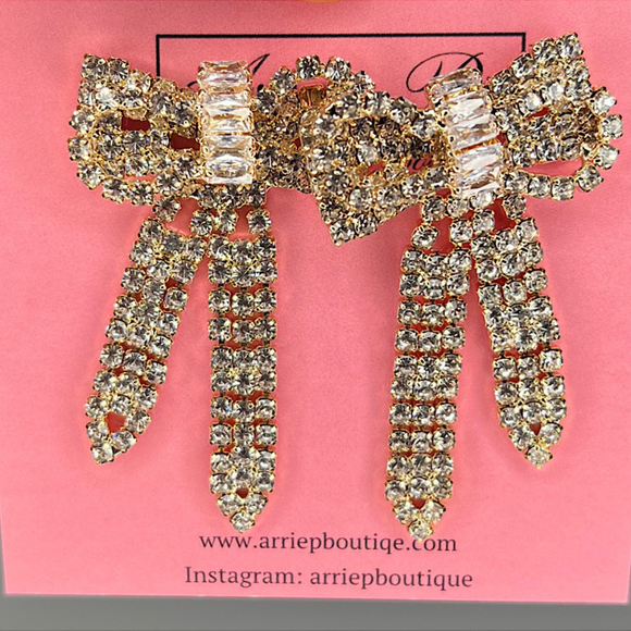 Gold Rhinestone Bow Earrings