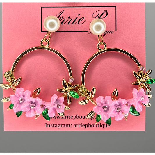 Pink Floral Gold Earrings