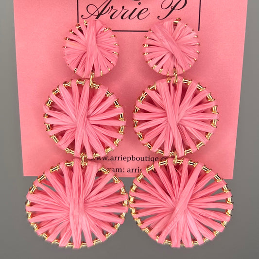 Pink and Gold Circle Raffia Earrings