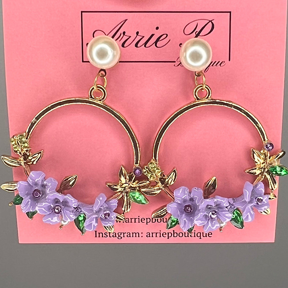 Gold Pearl Purple Flower Earrings