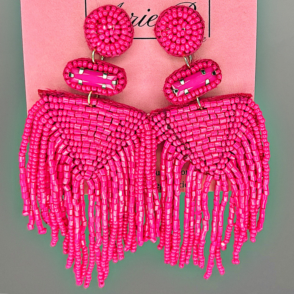 Fuchsia Beaded Fringe Earrings