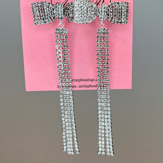 Long Rhinestone Fringe Bow Earrings