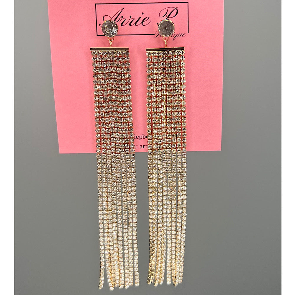 Gold Long Fringe Rhinestone Earrings