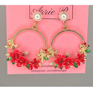 Gold Pearl Red Flower Earrings