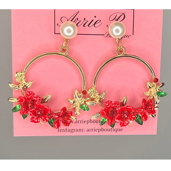 Gold Pearl Red Flower Earrings