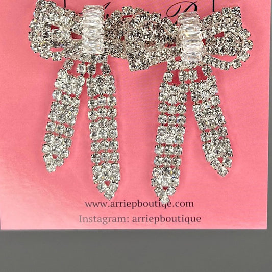 Silver Rhinestone Bow Earrings