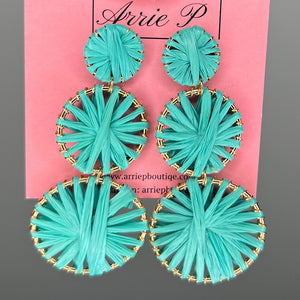 Turquoise and Gold Circle Raffia Earrings