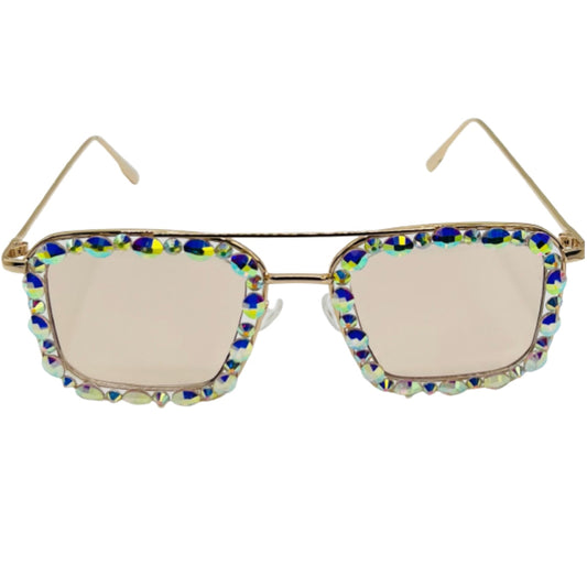 Iridescent Rhinestone Sunglasses w/ Light Pink Lenses