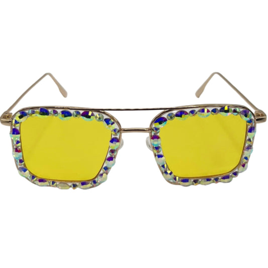 Iridescent Rhinestone Sunglasses w/Yellow Lenses